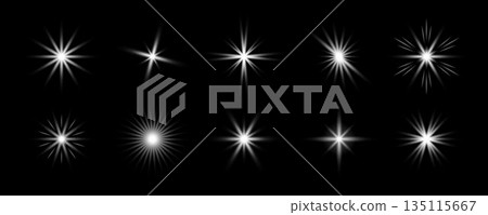 White glowing sparkle collection. Shining light flare effect set. Radiant sun beam burst bundle. Magical stars, twinkles and sparks glowing pack. Starlight rays radiance sun element group. Vector 135115667