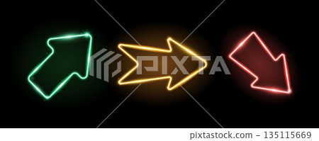 Green, yellow and red neon arrow elements. Set of glowing led direction signs. Shine arrowhead shape tube lamps. Bright luminous fluorescent pointers for banner, poster, logo. Vector neon led lights 135115669
