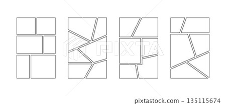 Comic book panel frame collection. Pop art template grid page set. Storyboard design pack for photo, poster, manga mockup. Empty image collage moodboard layout pack. Picture mood board ideas. Vector 135115674