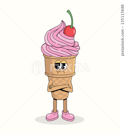 ice cream cone crossed arms groovy cartoon illustration 135115686