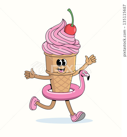ice cream cone flamingo float groovy cartoon illustration 135115687
