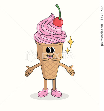 ice cream cone groovy cartoon illustration 135115689