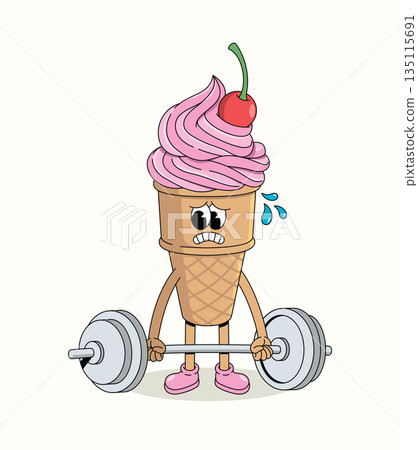 ice cream cone hard weightlifting groovy cartoon illustration 135115691