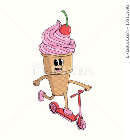 ice cream cone kick scooter groovy cartoon illustration 135115693