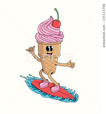 ice cream cone surf groovy cartoon illustration ice cream cone surf groovy cartoon illustration 135115706