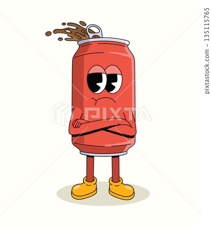 soda can crossed arms groovy cartoon illustration 135115765