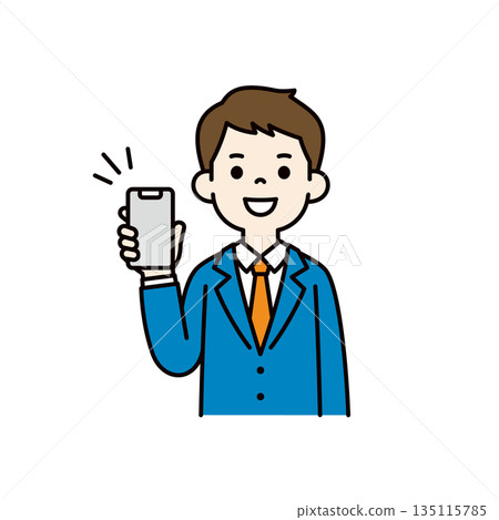 Showing the screen of a smartphone, upper body vector illustration of a young businessman_color Showing the screen of a smartphone, upper body vector illustration of a young businessman_color 135115785