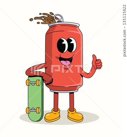 soda can skateboard thumbs up groovy cartoon illustration 135115822