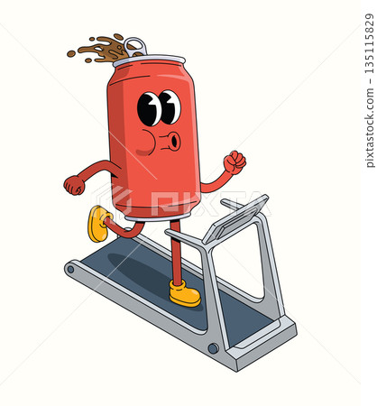 soda can treadmill groovy cartoon illustration 135115829