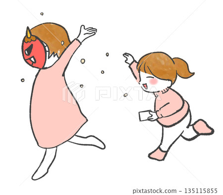 A girl throwing beans at a demon and a woman wearing a demon mask 135115855