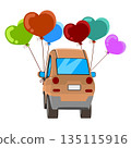 Back side of a chocolate-colored car. Cute sedan with colorful heart-shaped balloons attached to the rearview mirror mount. Isolated on a white background. Suitable for illustration purposes. 135115916