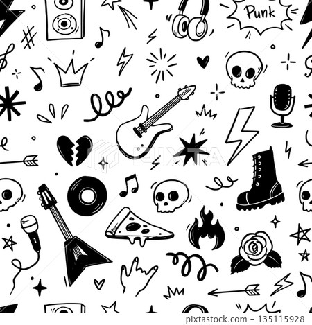 Rock music seamless pattern with guitar, skull, punk symbols. Hand drawn doodle grunge stickers featuring stars, roses and lightning bolts for rock music festival background. Vector Rock music seamless pattern with guitar, skull, punk symbols. Hand drawn doodle grunge stickers featuring stars, roses and lightning bolts for rock music festival background. Vector 135115928