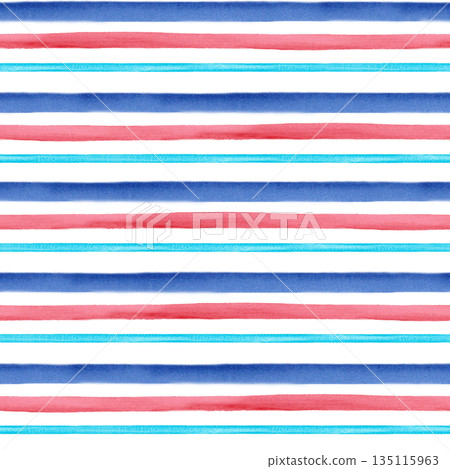 A seamless pattern with blue, red, and turquoise stripes. This hand-drawn watercolor illustration is perfect for swimming pool decor, children's rooms, and themed party designs. A seamless pattern with blue, red, and turquoise stripes. This hand-drawn watercolor illustration is perfect for swimming pool decor, children's rooms, and themed party designs. 135115963