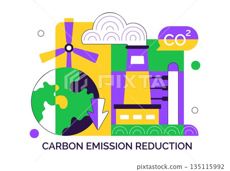 Carbon Footprint Reduction Illustration Featuring Environmental Pollution Impact Analysis With CO2 Effects On Nature Climate And Ecological Balance 135115992