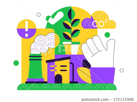 Carbon Footprint Reduction Illustration Featuring Environmental Pollution Impact Analysis With CO2 Effects On Nature Climate And Ecological Balance 135115996