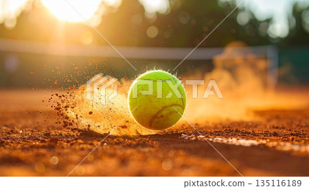 Dynamic close-up of a yellow tennis ball bouncing on a clay court, kicking up dust and illuminated by warm sunset light Dynamic close-up of a yellow tennis ball bouncing on a clay court, kicking up dust and illuminated by warm sunset light 135116189