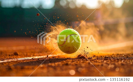 Dynamic close-up of a yellow tennis ball bouncing on a clay court, kicking up dust and illuminated by warm sunset light 135116192