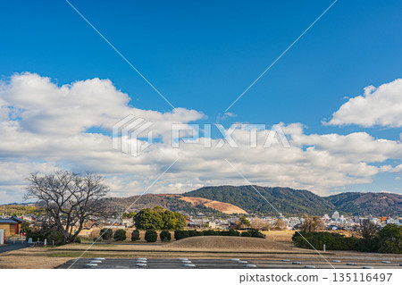 View of Mount Wakakusa from within the Heijo Palace Ruins National Historic Park, Nara City View of Mount Wakakusa from within the Heijo Palace Ruins National Historic Park, Nara City 135116497