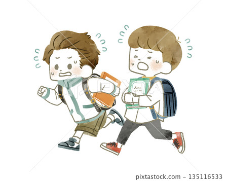 兩個小學生抱著書匆匆奔跑──水彩畫 兩個小學生抱著書匆匆奔跑──水彩畫 135116533
