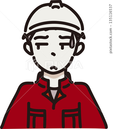 Illustration of a man wearing a helmet and work clothes with a displeased expression. Red uniform Illustration of a man wearing a helmet and work clothes with a displeased expression. Red uniform 135116537