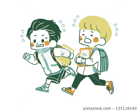 Two elementary school students running in a hurry with books - 4 colors 135116540
