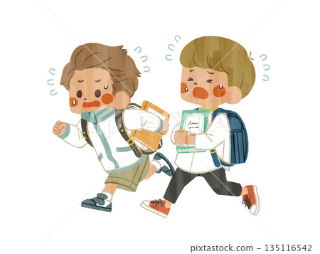 Two elementary school students running in a hurry with books - Gash Two elementary school students running in a hurry with books - Gash 135116542