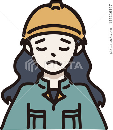 Illustration of a woman with a troubled expression wearing a helmet and work clothes, green uniform 135116567