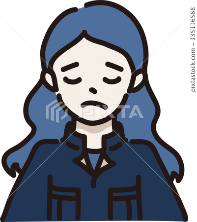 Illustration of a woman with a troubled expression wearing work clothes, navy blue uniform Illustration of a woman with a troubled expression wearing work clothes, navy blue uniform 135116568
