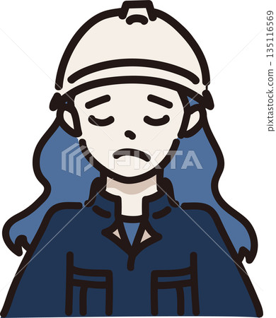 Illustration of a woman with a troubled expression wearing a helmet and work clothes, navy blue uniform Illustration of a woman with a troubled expression wearing a helmet and work clothes, navy blue uniform 135116569