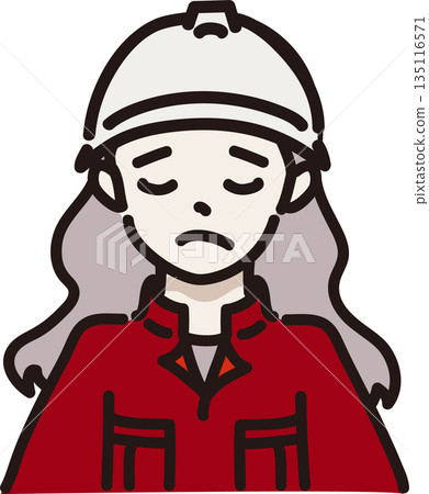 Illustration of a woman with a troubled expression wearing a helmet and work clothes, red uniform Illustration of a woman with a troubled expression wearing a helmet and work clothes, red uniform 135116571