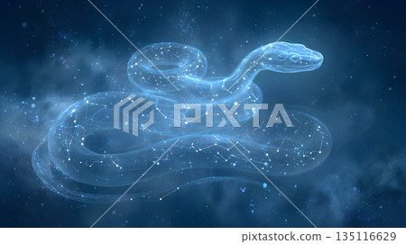 一條神秘的蛇，以星座和星星為背景繪製而成。這是一幅充滿星空奇幻色彩的插畫，描繪了生肖蛇年的景象。 135116629