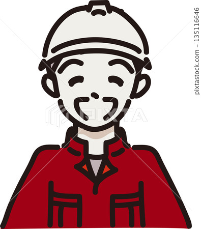 Illustration of a man wearing a helmet and work clothes with a big smile. Red uniform Illustration of a man wearing a helmet and work clothes with a big smile. Red uniform 135116646