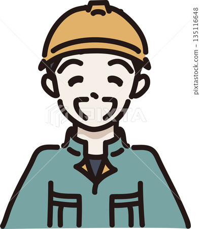 Illustration of a smiling man wearing a helmet and work clothes, green uniform Illustration of a smiling man wearing a helmet and work clothes, green uniform 135116648