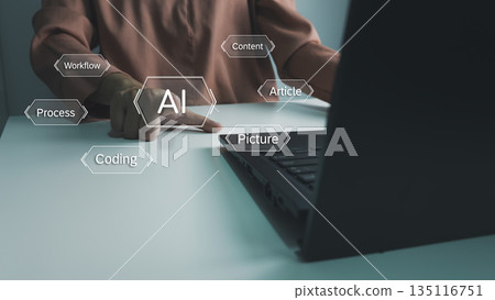 User working on a laptop with AI technology, finger pointing at artificial intelligence interface. Concept of technology, internet, innovation, smart working, digital transformation, automation, and f 135116751