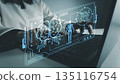 User using a laptop with AI medical system, finger pointing at the screen. Brain and body icons visualize artificial intelligence analyzing human data for diagnostics, monitoring, and modern digital m 135116754