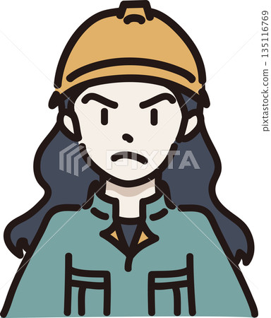 Illustration of an angry-looking woman wearing a helmet and work clothes, green uniform 135116769