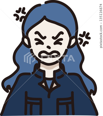 Illustration of an angry woman wearing work clothes, navy blue uniform Illustration of an angry woman wearing work clothes, navy blue uniform 135116874