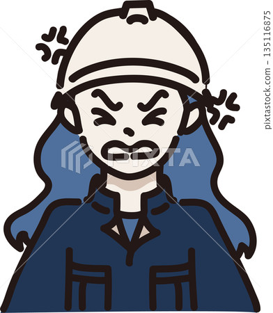 Illustration of an angry woman wearing a helmet and work clothes, navy blue uniform Illustration of an angry woman wearing a helmet and work clothes, navy blue uniform 135116875