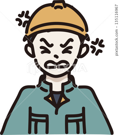 Illustration of an angry man wearing a helmet and work clothes, green uniform Illustration of an angry man wearing a helmet and work clothes, green uniform 135116967