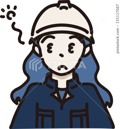 Illustration of a sleepy woman wearing a helmet and work clothes, navy blue uniform 135117087