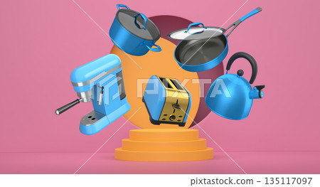Set of kitchen appliances floating in mid-air above pedestal, shown on a minimalistic abstract background 135117097