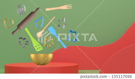 Set of baking bowl, cookie cutters, and wooden kitchen utensils suspended mid-air on abstract background, culinary concept 135117098