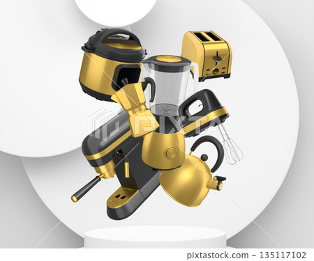 Set of kitchen appliances including mixer, toaster, blender, and coffee maker on white colorful podium and background 135117102