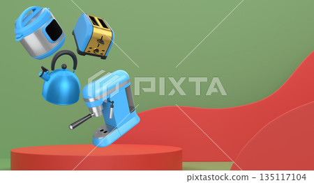 A kettle, toaster, and espresso machine floating on podium, minimalist background, concept of modern kitchen equipment showcase A kettle, toaster, and espresso machine floating on podium, minimalist background, concept of modern kitchen equipment showcase 135117104