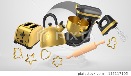 Set of kitchen appliances with baking tools and cookie cutters floating over podium, concept of modern cooking 135117105