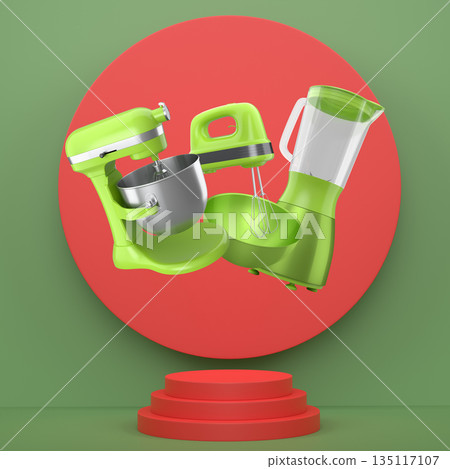 Electric kitchen appliances including mixer, blender and whisk floating on abstract background, concept of modern cooking tools Electric kitchen appliances including mixer, blender and whisk floating on abstract background, concept of modern cooking tools 135117107
