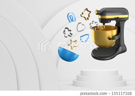 Set of kitchen tools including mixer, bowl and cookie cutters float above pedestal and abstract background. 135117108