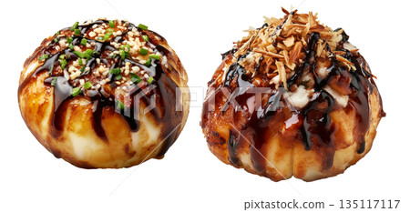 Japanese takoyaki ball topped with thick sauce, green onions and bonito flakes, isolated on white transparent background 135117117