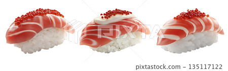 Salmon nigiri sushi with bright red roe, isolated on white background, concept of traditional Japanese cuisine 135117122