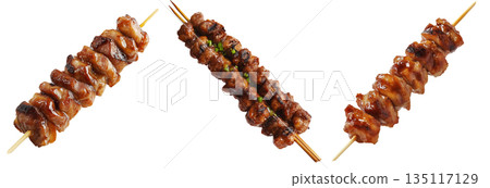 Grilled chicken yakitori skewer with teriyaki glaze or Isaw Filipino street food isolated on white transparent background Grilled chicken yakitori skewer with teriyaki glaze or Isaw Filipino street food isolated on white transparent background 135117129